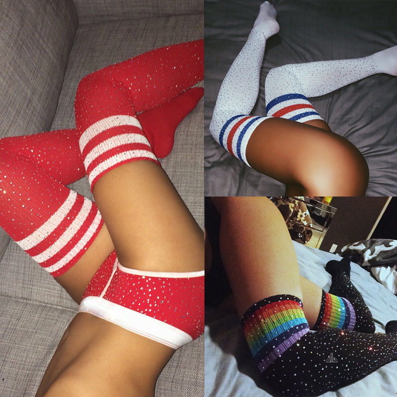 Rhinestone Knee Striped - High-Top Socks (7517779361880)