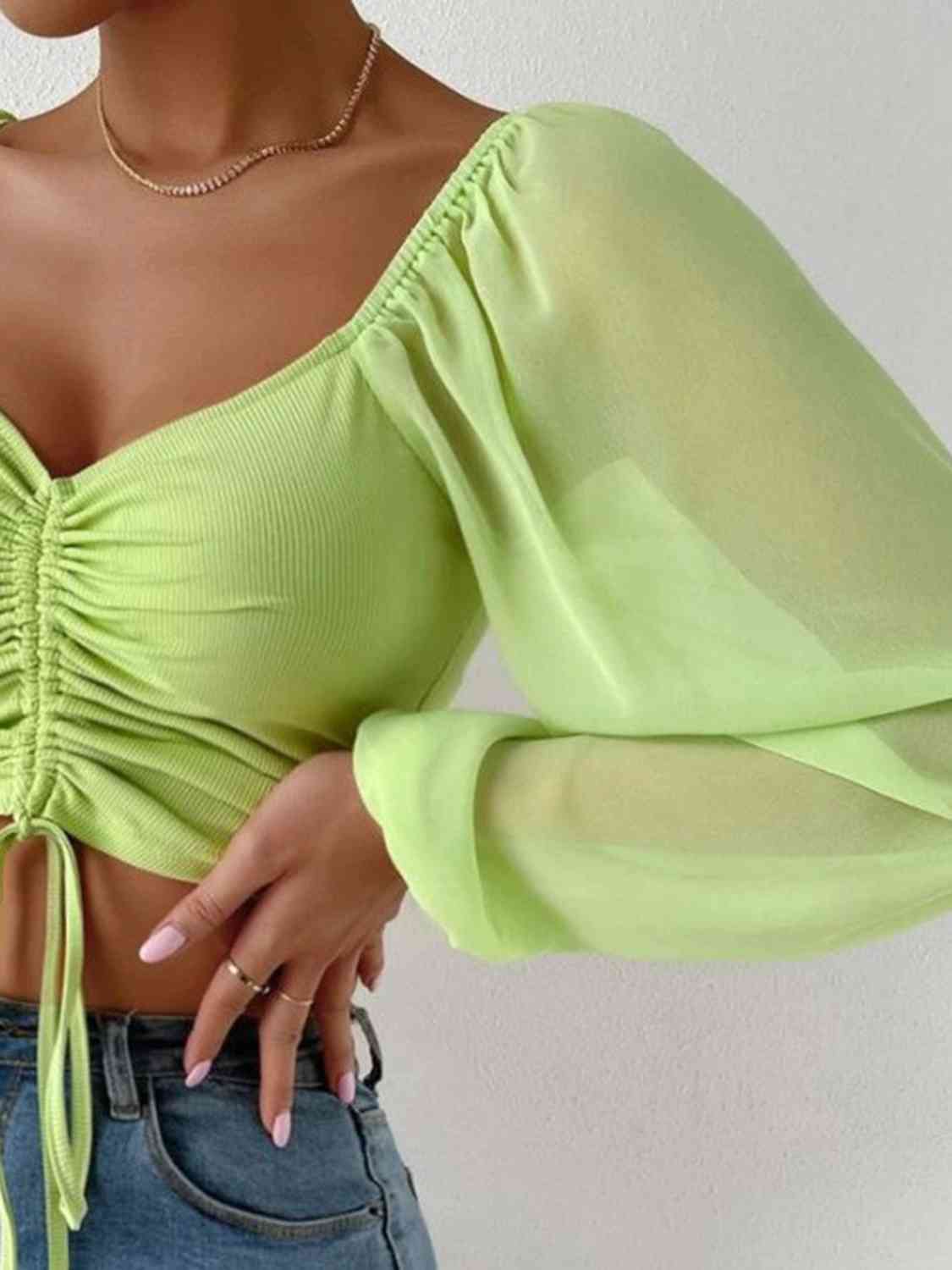 Ruched Blouse - Drawstring Sweetheart Neck Cropped Top (7501318914136)