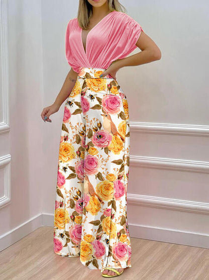 Printed Surplice Top & Wide Leg Pants Set (7484243705944)
