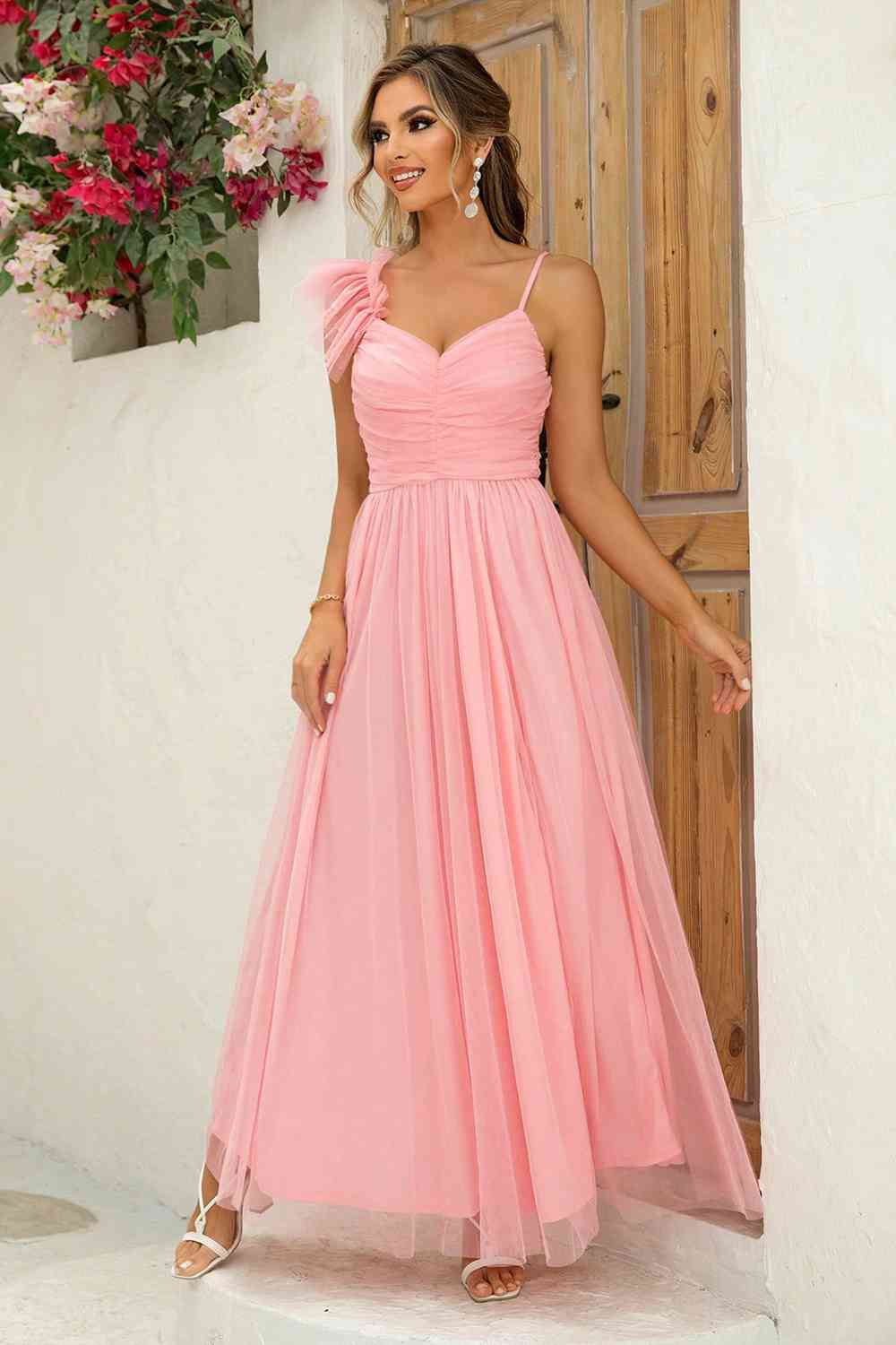 Unique - Asymmetrical Ruched Side-Slit Dress (7515501166680)