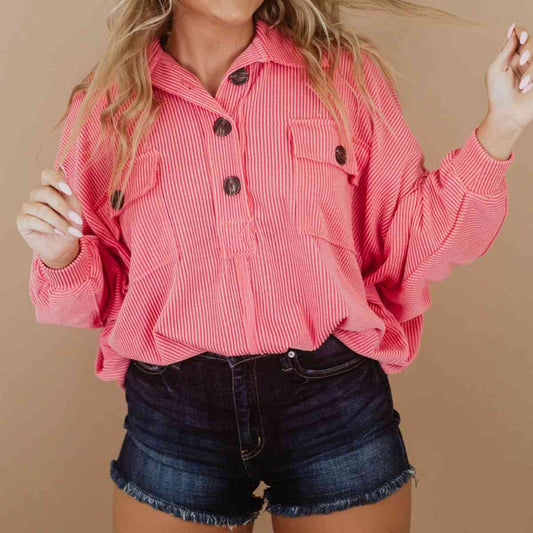 Plus-Size Collared Neck Half Button Top (7501319012440)