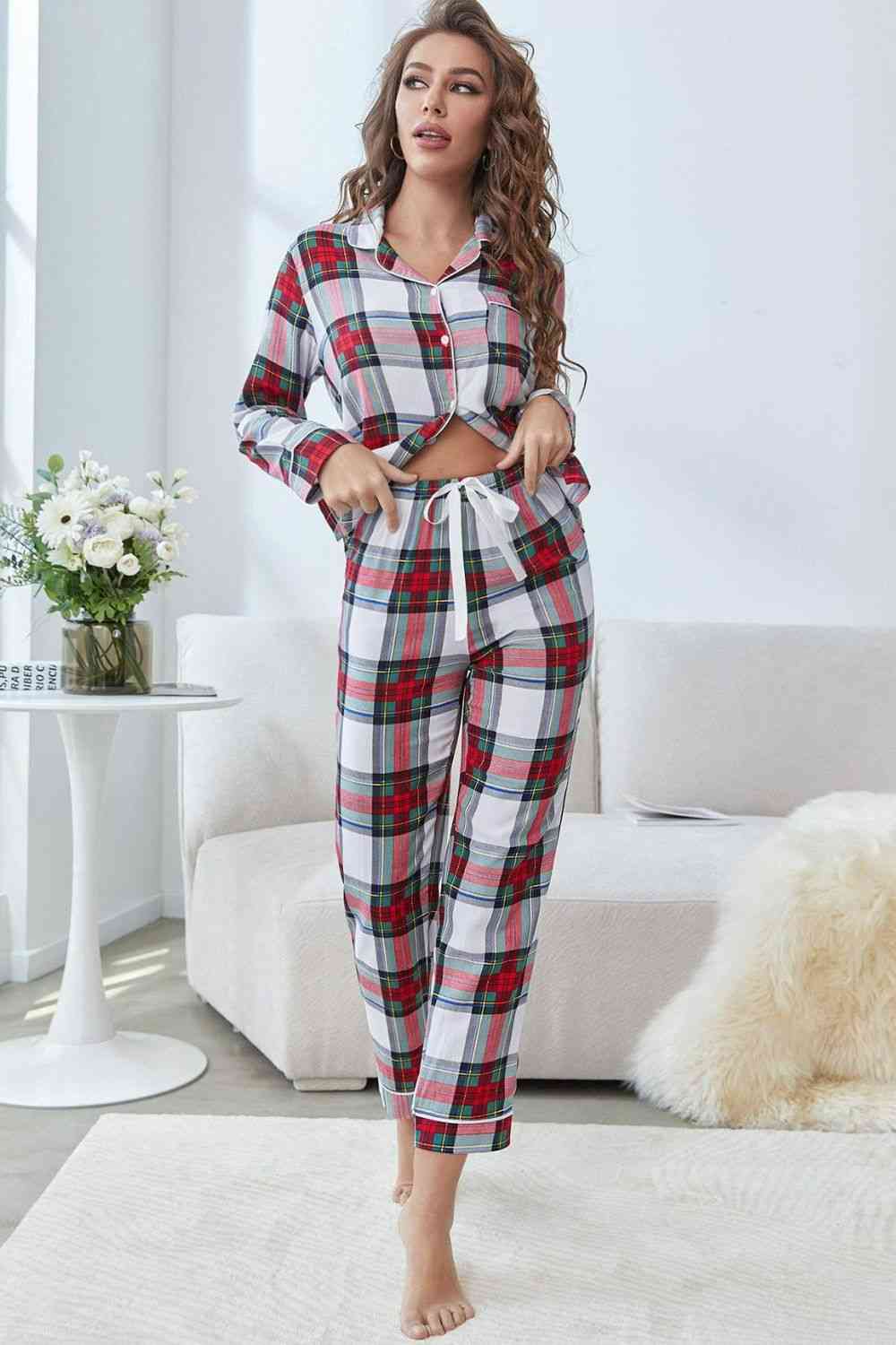 Button-Front Top & Pants Lounge Set - Plaid (7501479575640)
