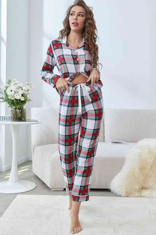 Button-Front Top & Pants Lounge Set - Plaid (7501479575640)