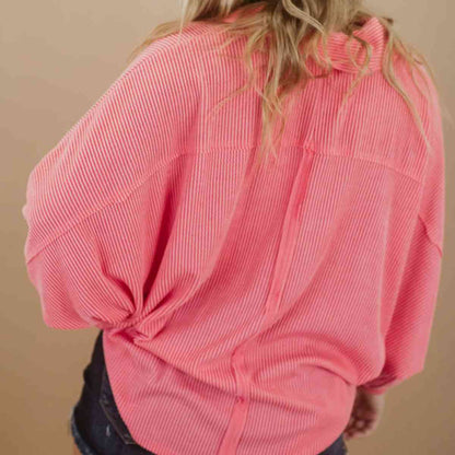 Plus-Size Collared Neck Half Button Top (7501319012440)