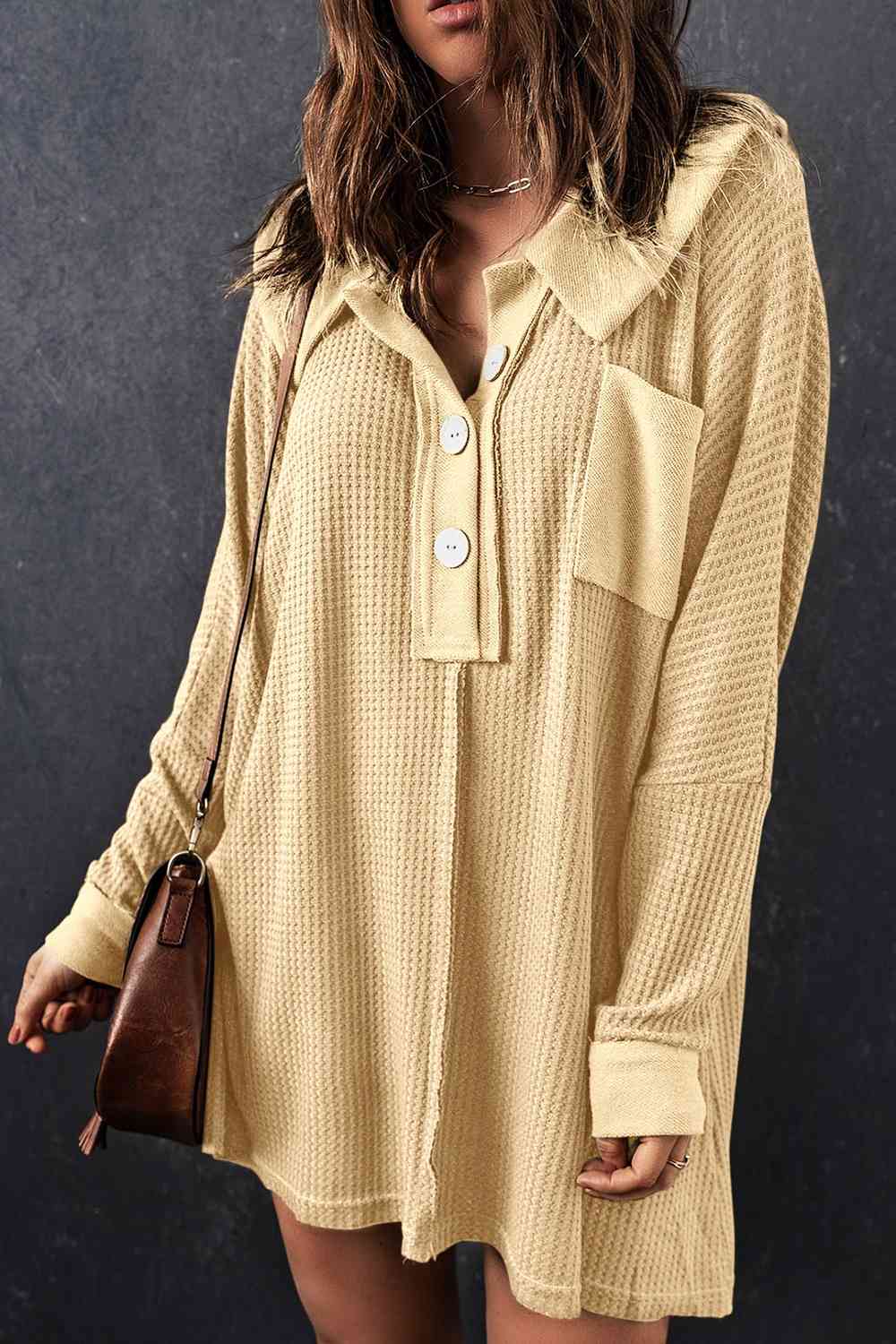 With Pocket - Waffle Knit Buttoned Long Sleeves Top (7501322911832)