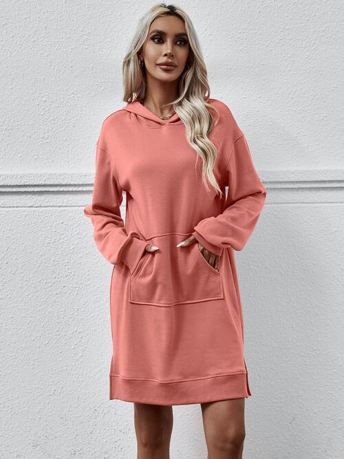 Long Long Sleeves - Slit Hooded Dress With Pocket (7505547559000)