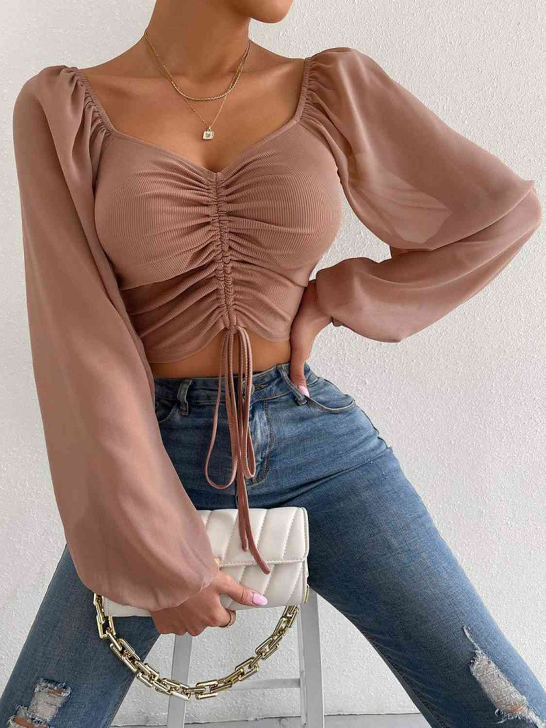 Ruched Blouse - Drawstring Sweetheart Neck Cropped Top (7501318914136)