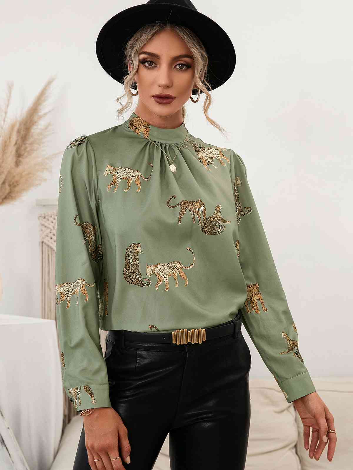 Leopard Graphics - Mock Neck Puff Sleeve Blouse (7501318488152)