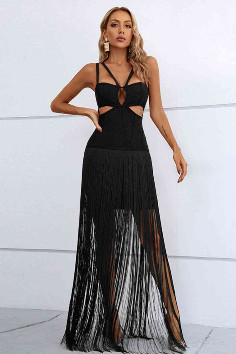 Fringy - Cut-Out Strappy Neck Fringe Dress (7516385706072)