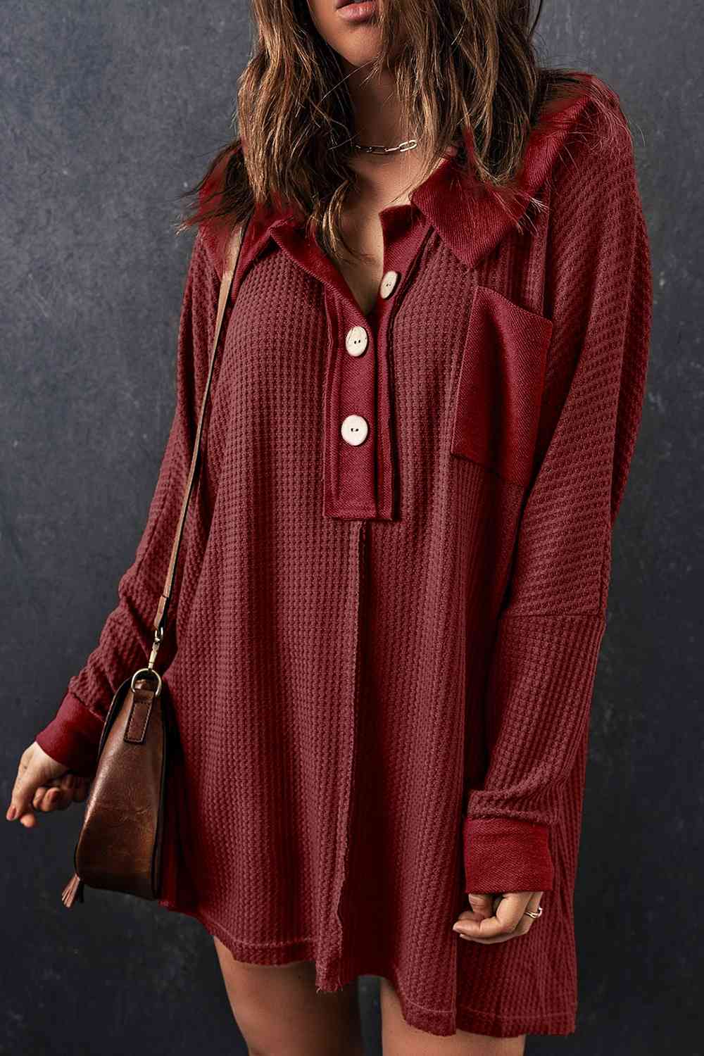 With Pocket - Waffle Knit Buttoned Long Sleeves Top (7501322911832)