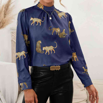 Leopard Graphics - Mock Neck Puff Sleeve Blouse (7501318488152)