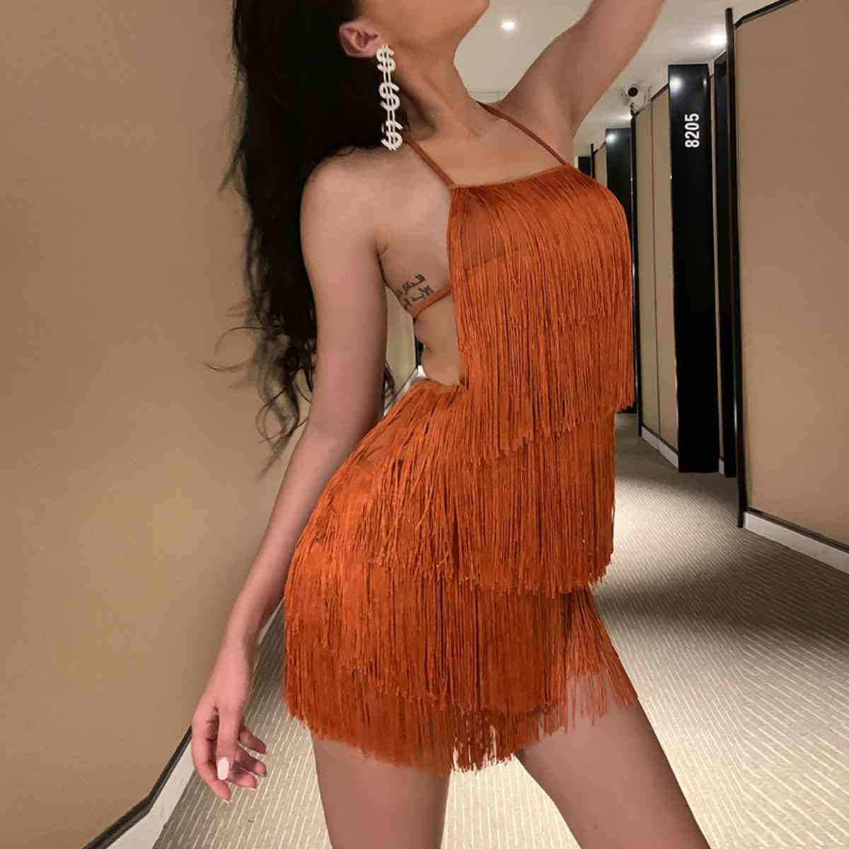 Hello Fringe - Fringed Halter Neck Tied Back Mini Dress (7505547591768)