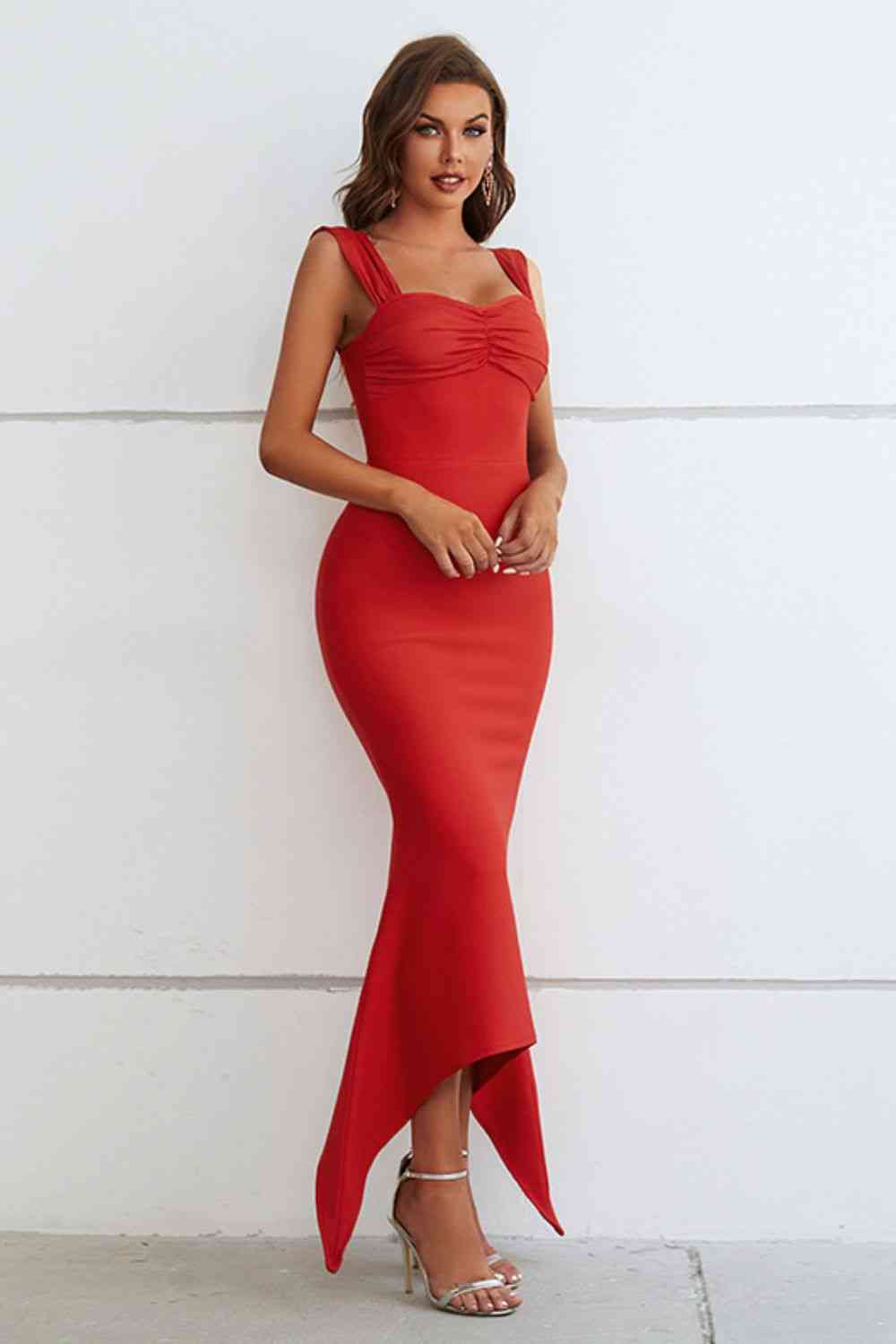 Ruched Sweetheart Neck Hem-Detail Dress (7516380758104)