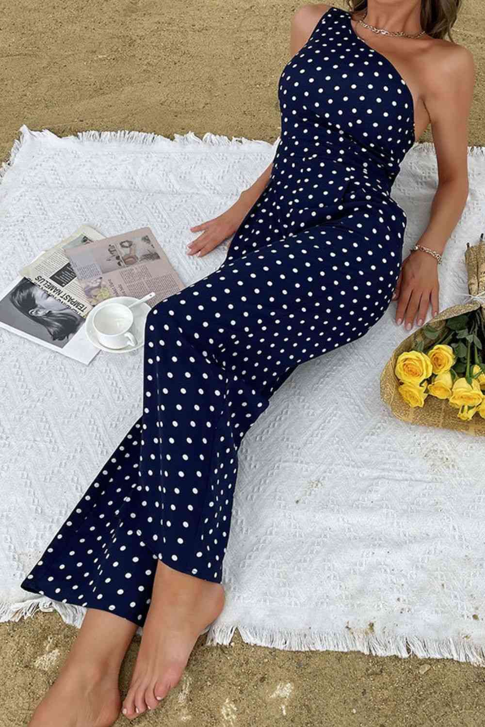 Polka Dot One-Shoulder Romper Jumpsuit (7484719693912)
