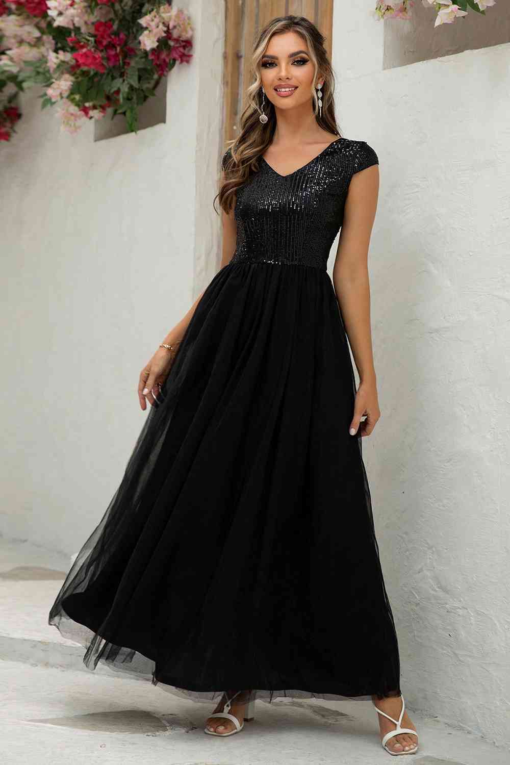 Sequin V-Neck Mesh Maxi Dress (7515520761944)