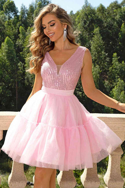 Pink Sequins & Mesh - Sleeveless Dress (7515675623512)
