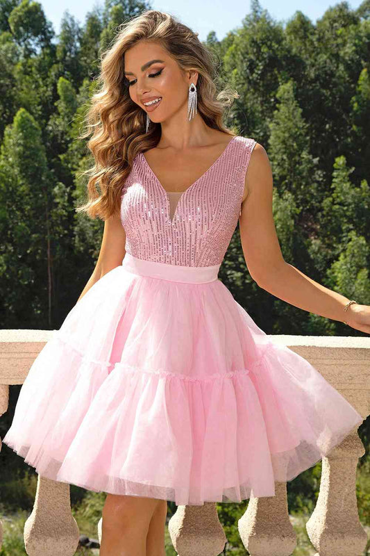 Pink Sequins & Mesh - Sleeveless Dress (7515675623512)