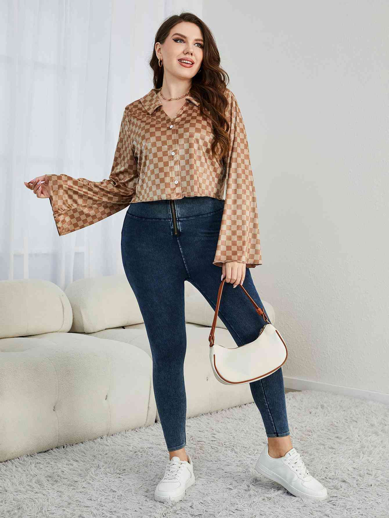Plus-Size Checkered Johnny Collar Flare Sleeve Shirt (7484804923480)
