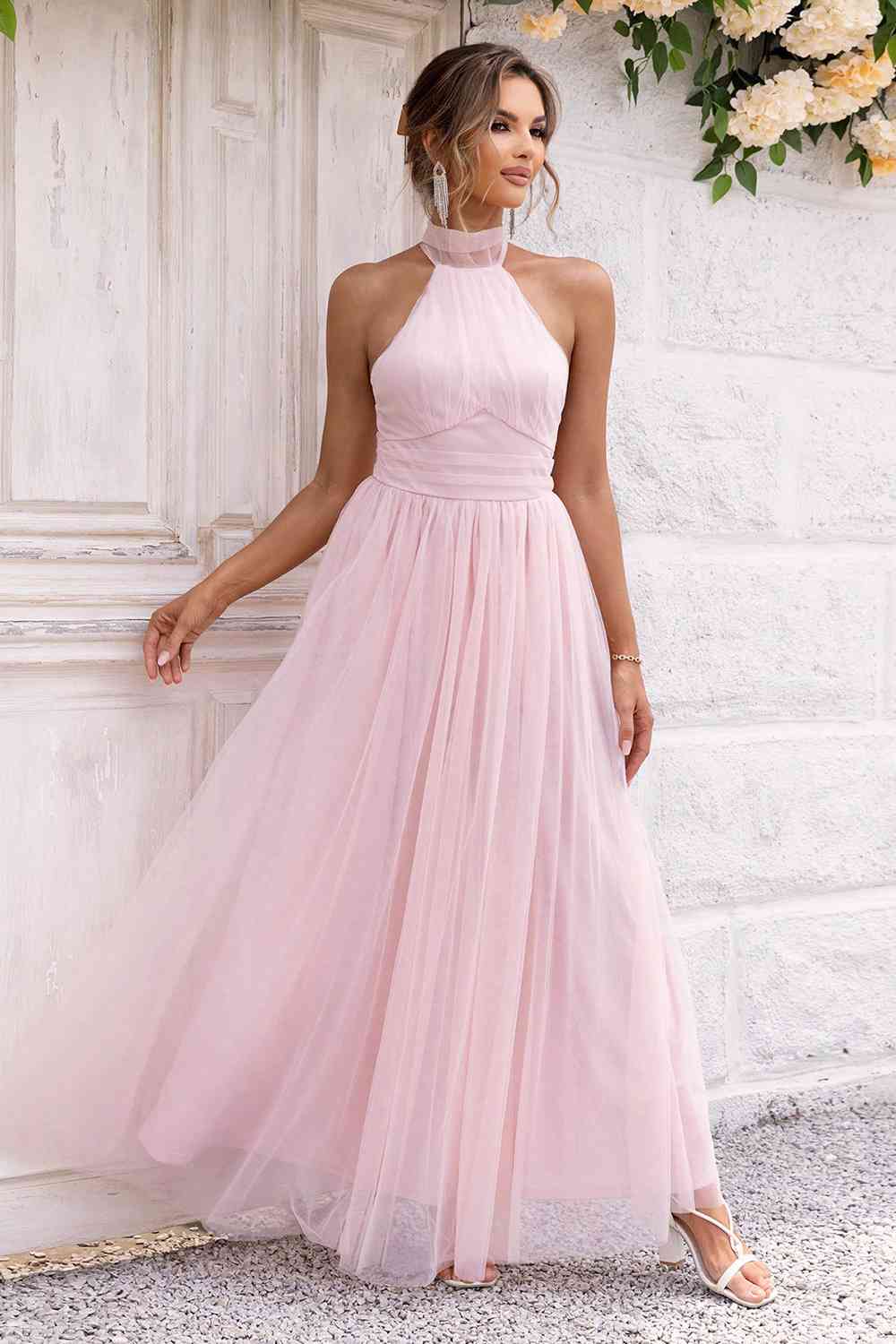 Bow-Knot - Halter Neck Backless Mesh Dress (7515494875224)