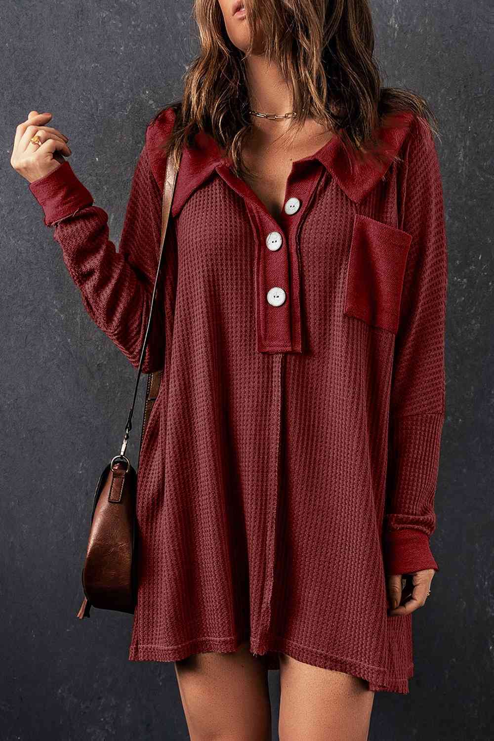 With Pocket - Waffle Knit Buttoned Long Sleeves Top (7501322911832)