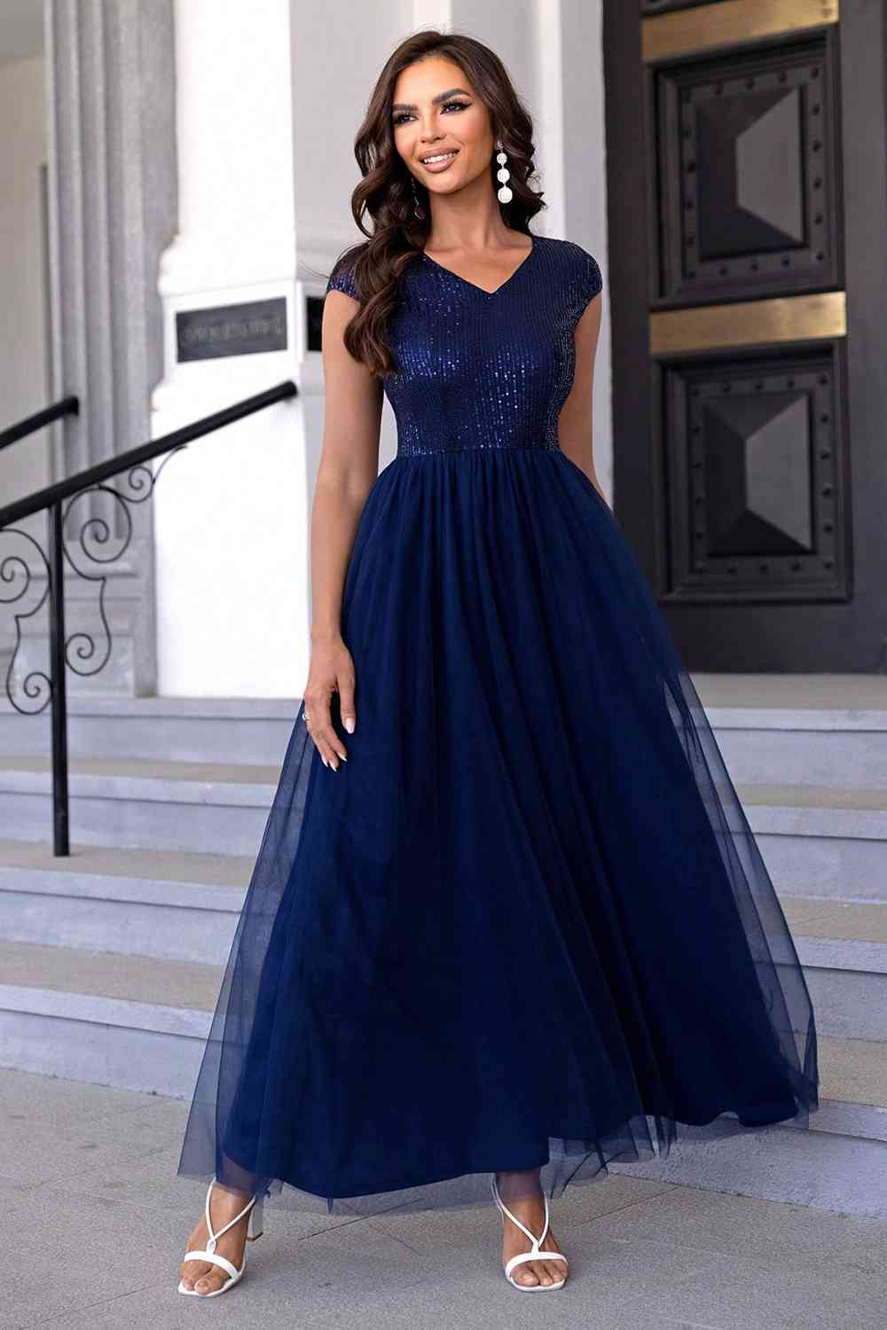 Sequin V-Neck Mesh Maxi Dress (7515520761944)