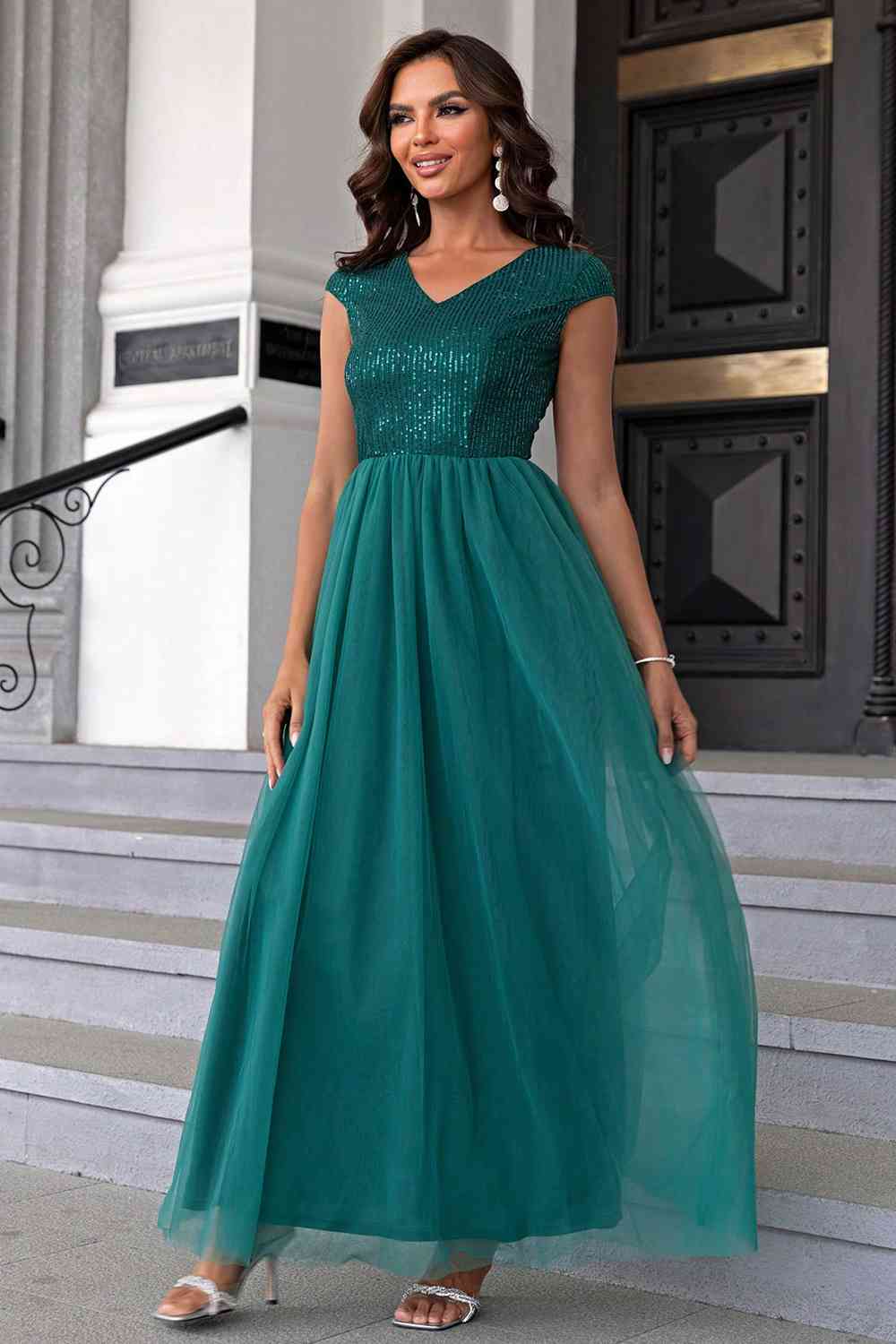 Sequin V-Neck Mesh Maxi Dress (7515520761944)