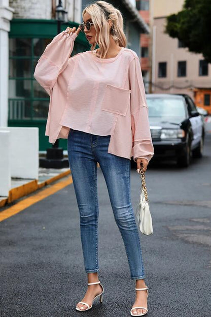 Kind-a Blouse - Exposed Seam Round Neck Top With Pocket (7501317308504)