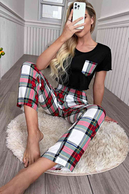 Trim-Cropped T-Shirt & Pants Lounge Set - Plaid (7501487210584)