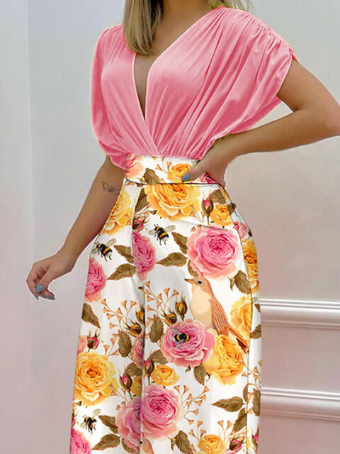 Printed Surplice Top & Wide Leg Pants Set (7484243705944)