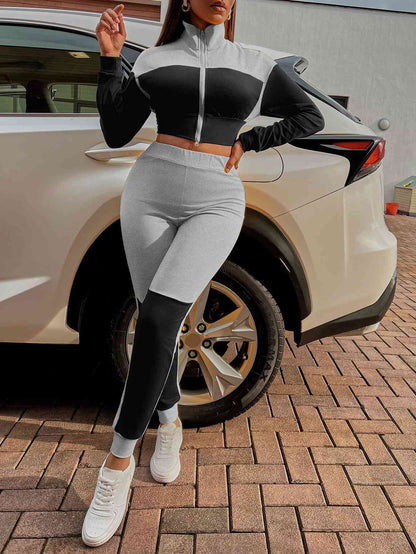 Two-Tone Collared - Neck Top and Joggers Set (7501489930328)