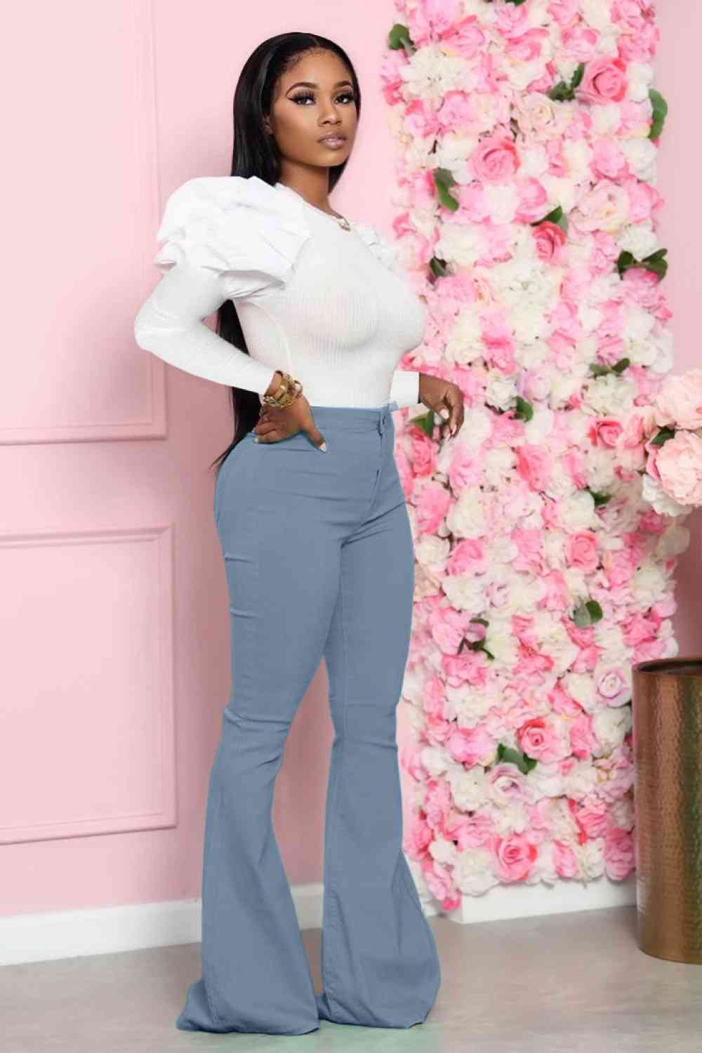 Leg-Of-Mutton - Sleeve Top and Flare Pants Set (7484247179352)