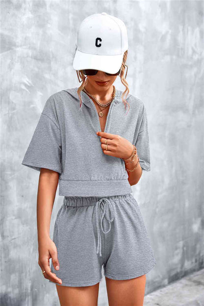 Half-Zip - Cropped Hooded T-Shirt and Shorts Set (7501483180120)