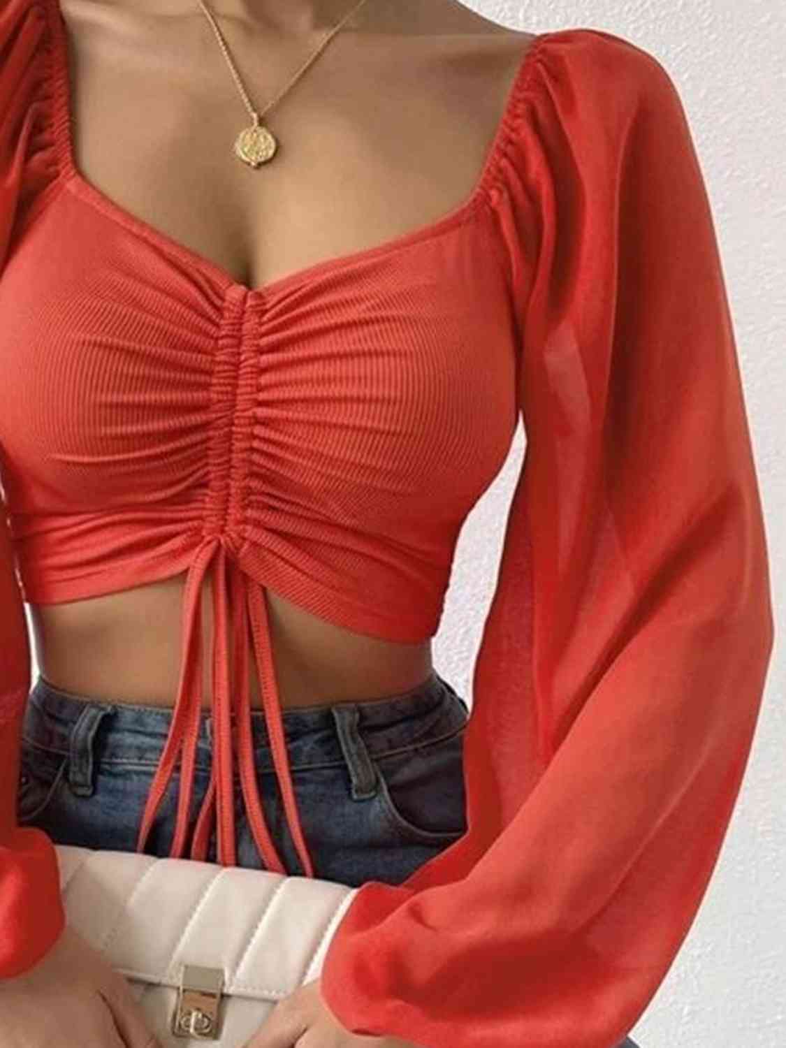 Ruched Blouse - Drawstring Sweetheart Neck Cropped Top (7501318914136)