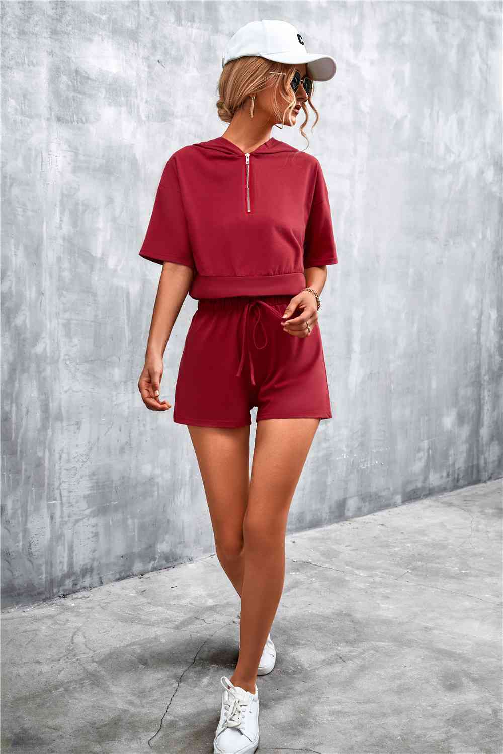 Half-Zip - Cropped Hooded T-Shirt and Shorts Set (7501483180120)