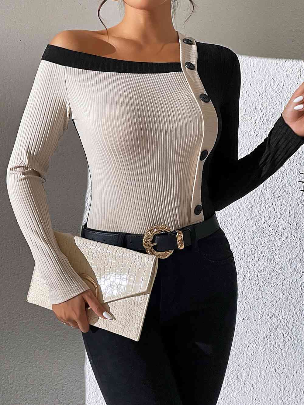 Blouse Cute - Asymmetrical One Shoulder Contrast Color Buttoned Blouse (7501316096088)