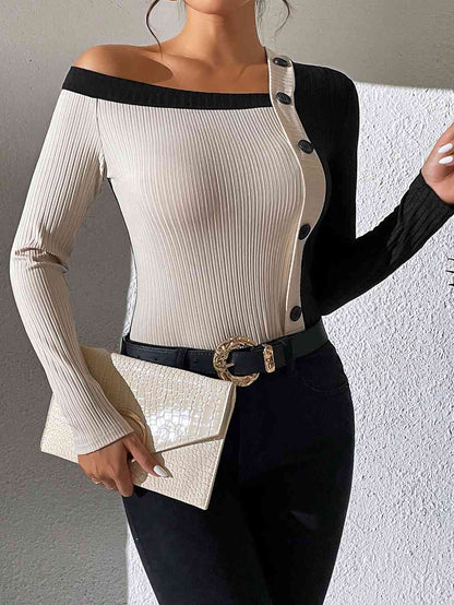 Blouse Cute - Asymmetrical One Shoulder Contrast Color Buttoned Blouse (7501316096088)