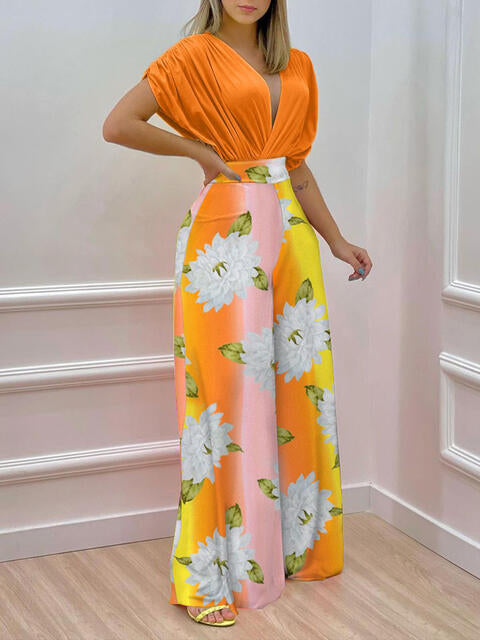 Printed Surplice Top & Wide Leg Pants Set (7484243705944)