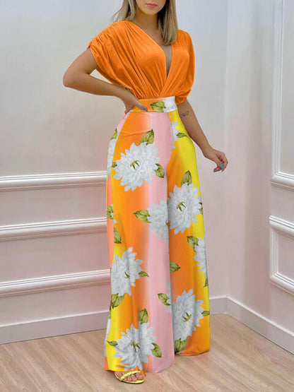 Printed Surplice Top & Wide Leg Pants Set (7484243705944)