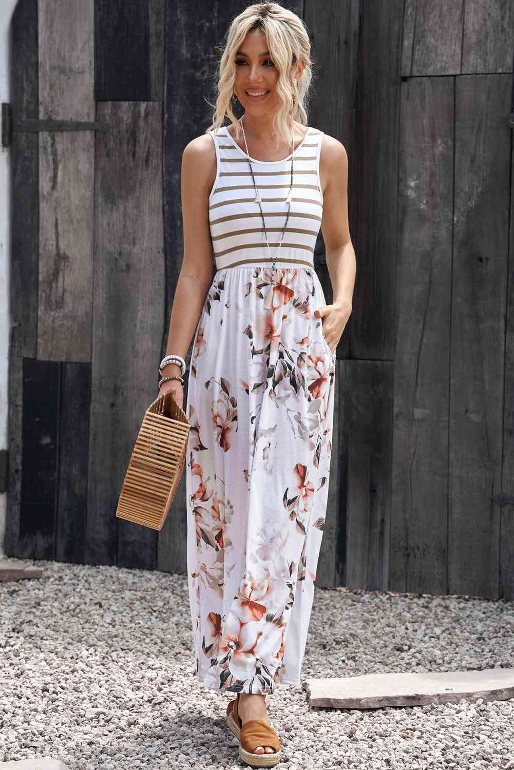 Striped Floral Round Neck -  Sleeveless Maxi Dress (7515559198808)