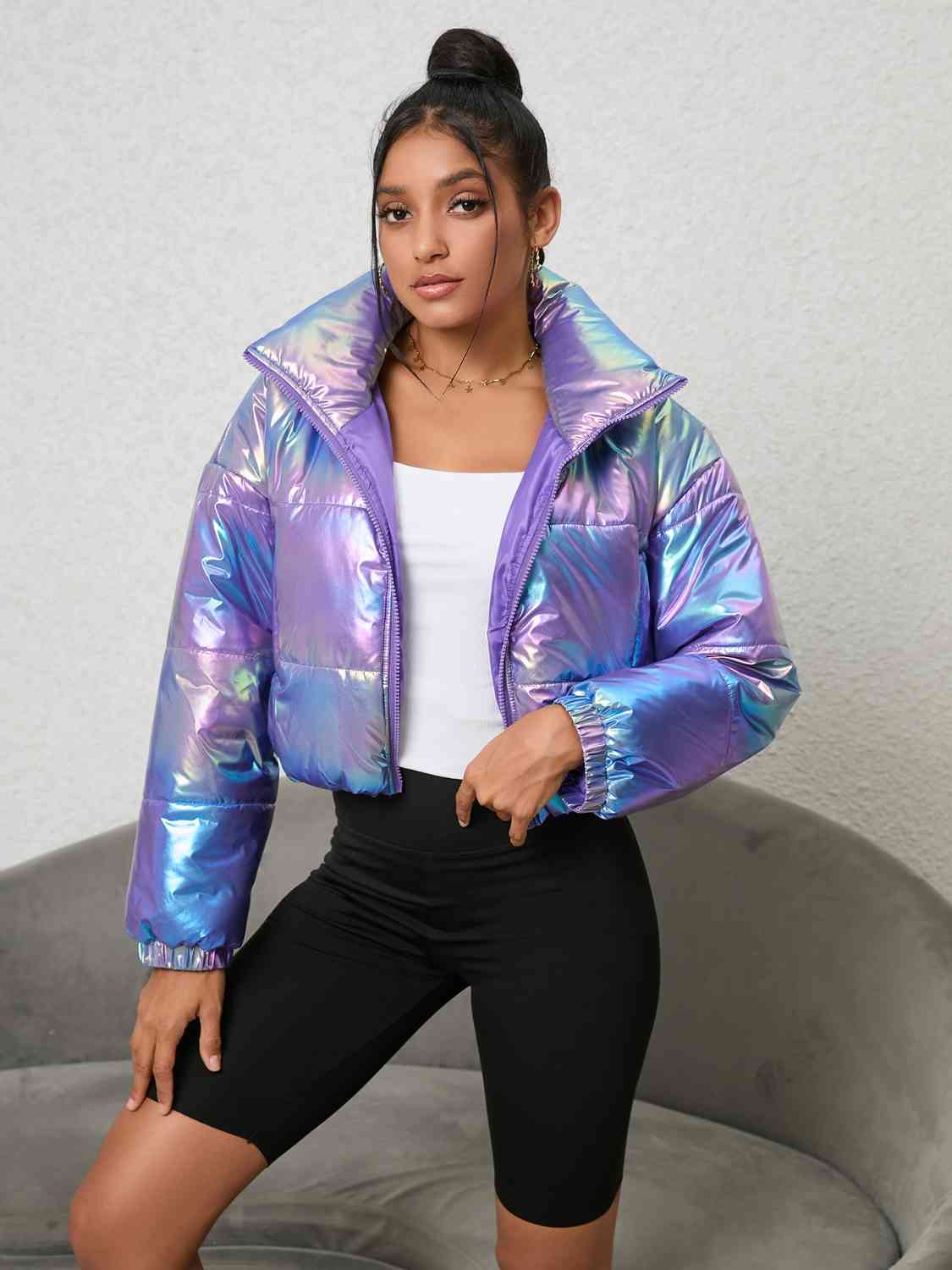 Gradient Neon - Gradient Zip-Up Collared Puffer Jacket (7484291514456)