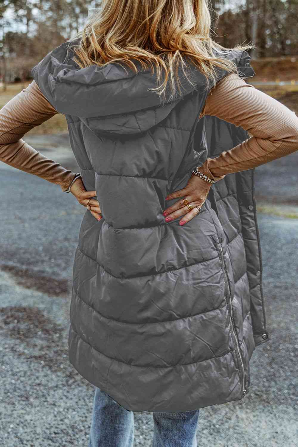 Longline Hooded Sleeveless Puffer Vest (7484291383384)