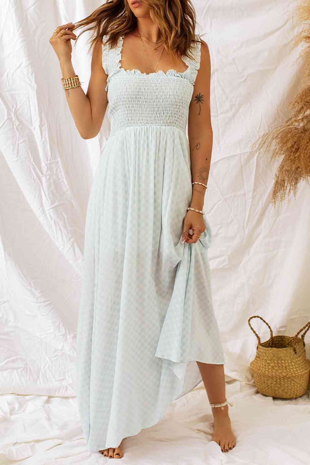 Plaid Ruffle Strap Smocked Maxi Dress (7515565555800)