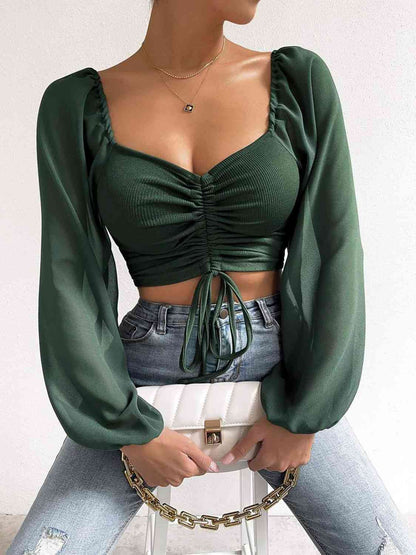 Ruched Blouse - Drawstring Sweetheart Neck Cropped Top (7501318914136)