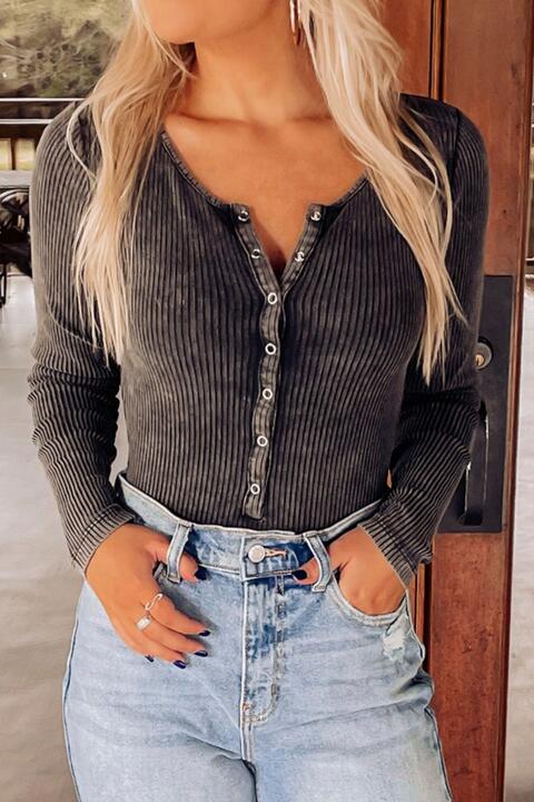 Mineral Wash Ribbed Snap Buttons Long Sleeve Bodysuit (7501313966168)