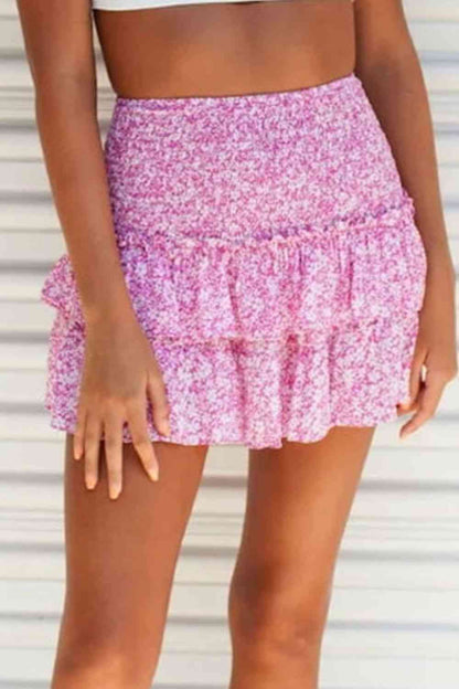 Printed Frill Trim Smocked Mini Skirt (7500878348376)