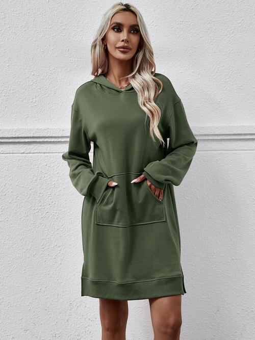 Long Long Sleeves - Slit Hooded Dress With Pocket (7505547559000)