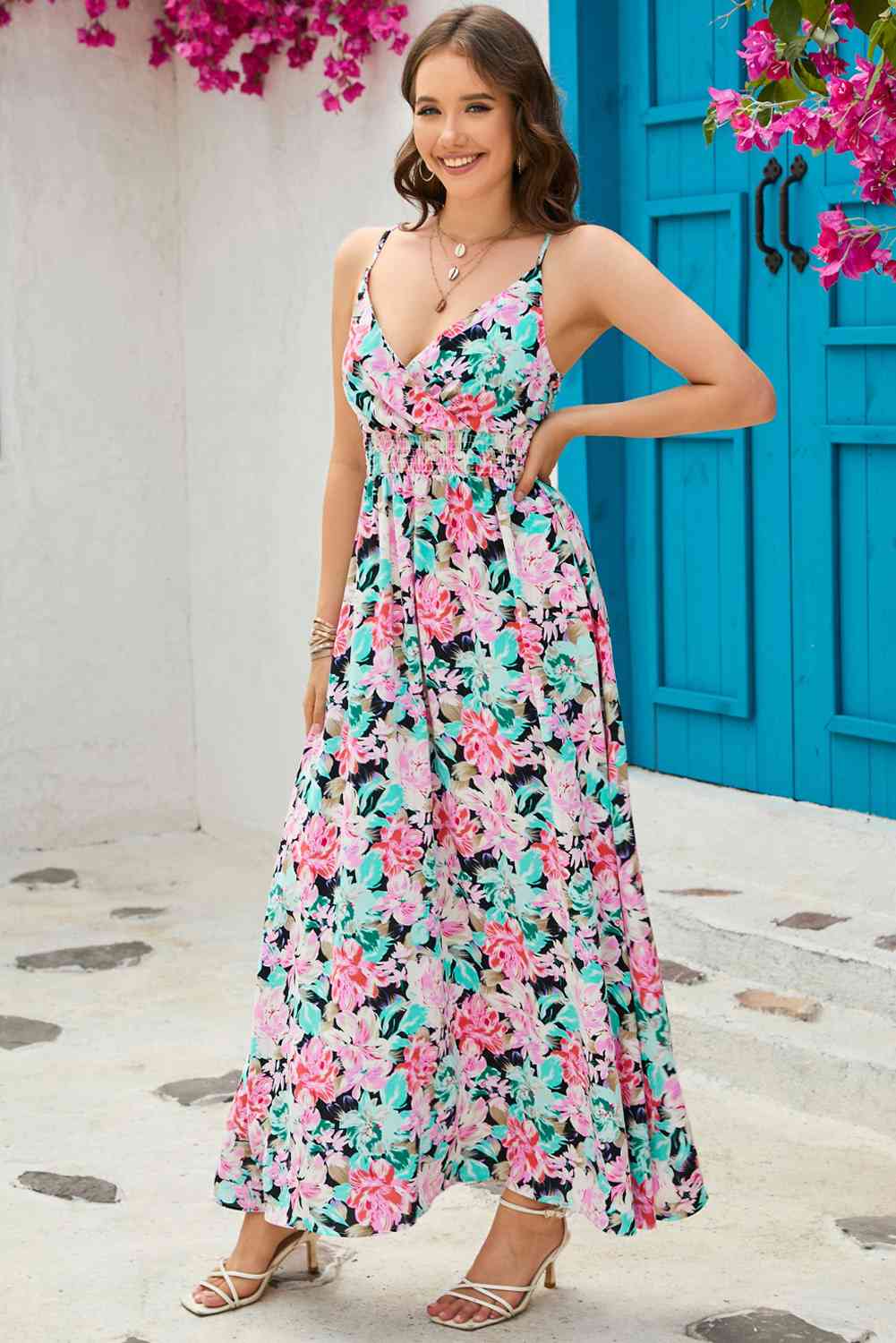 I'm Just A Dress - Floral Spaghetti-Strap Surplice Neck Maxi Dress (7515558019160)