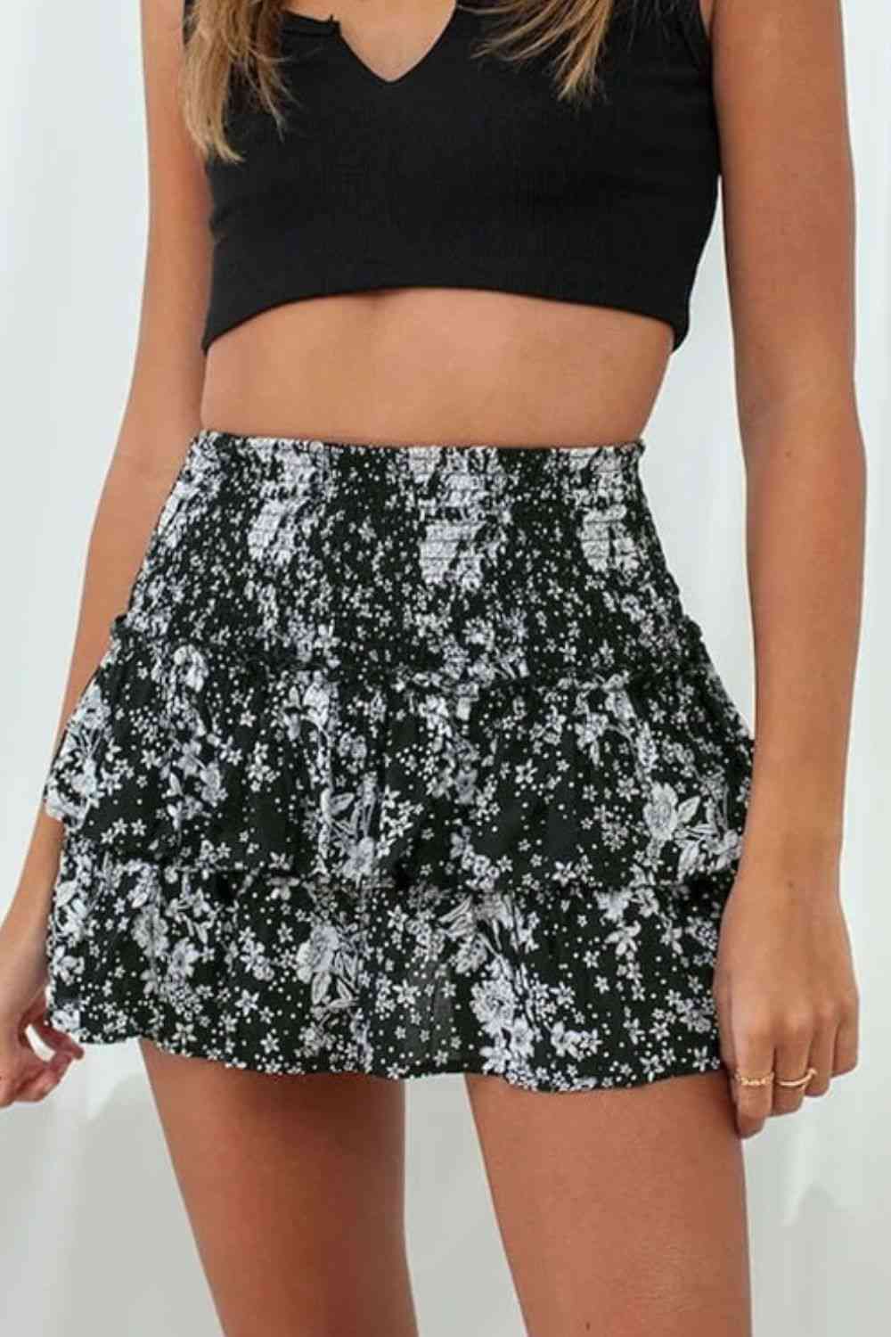 Printed Frill Trim Smocked Mini Skirt (7500878348376)