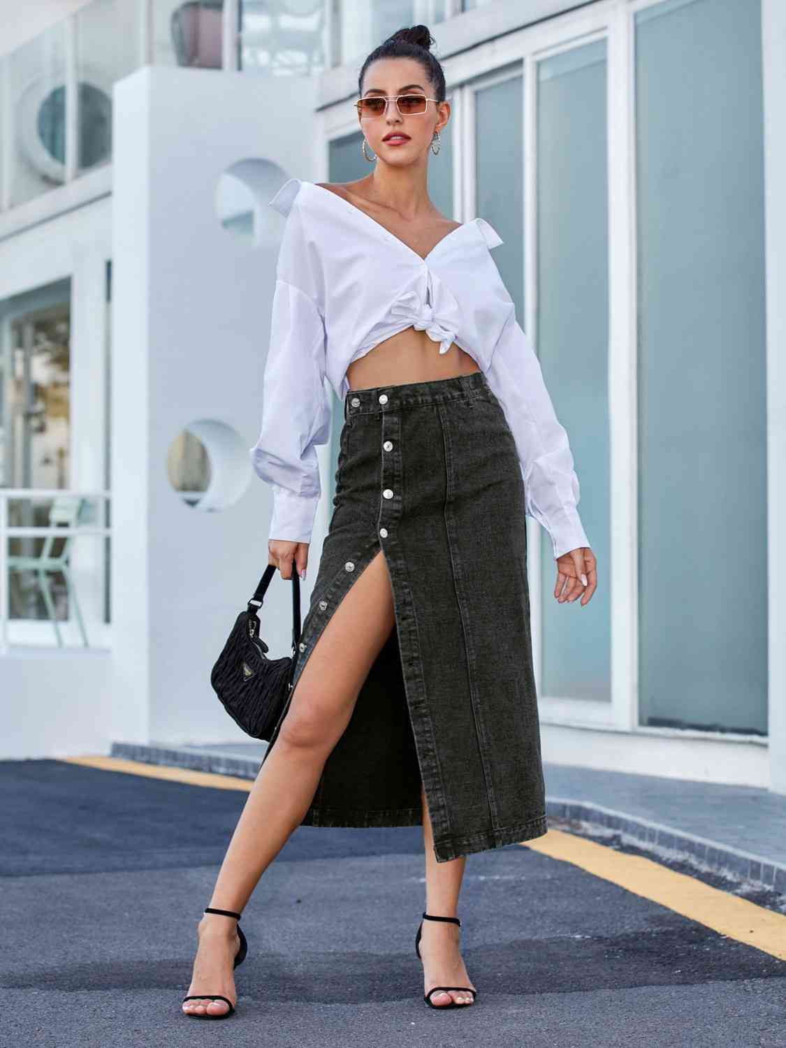 Denim - Button Down Denim Skirt (7486619025496)