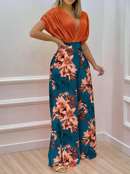 Printed Surplice Top & Wide Leg Pants Set (7484243705944)